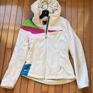 White and Green Ski Jacket with Plush Hood and Color Block Design